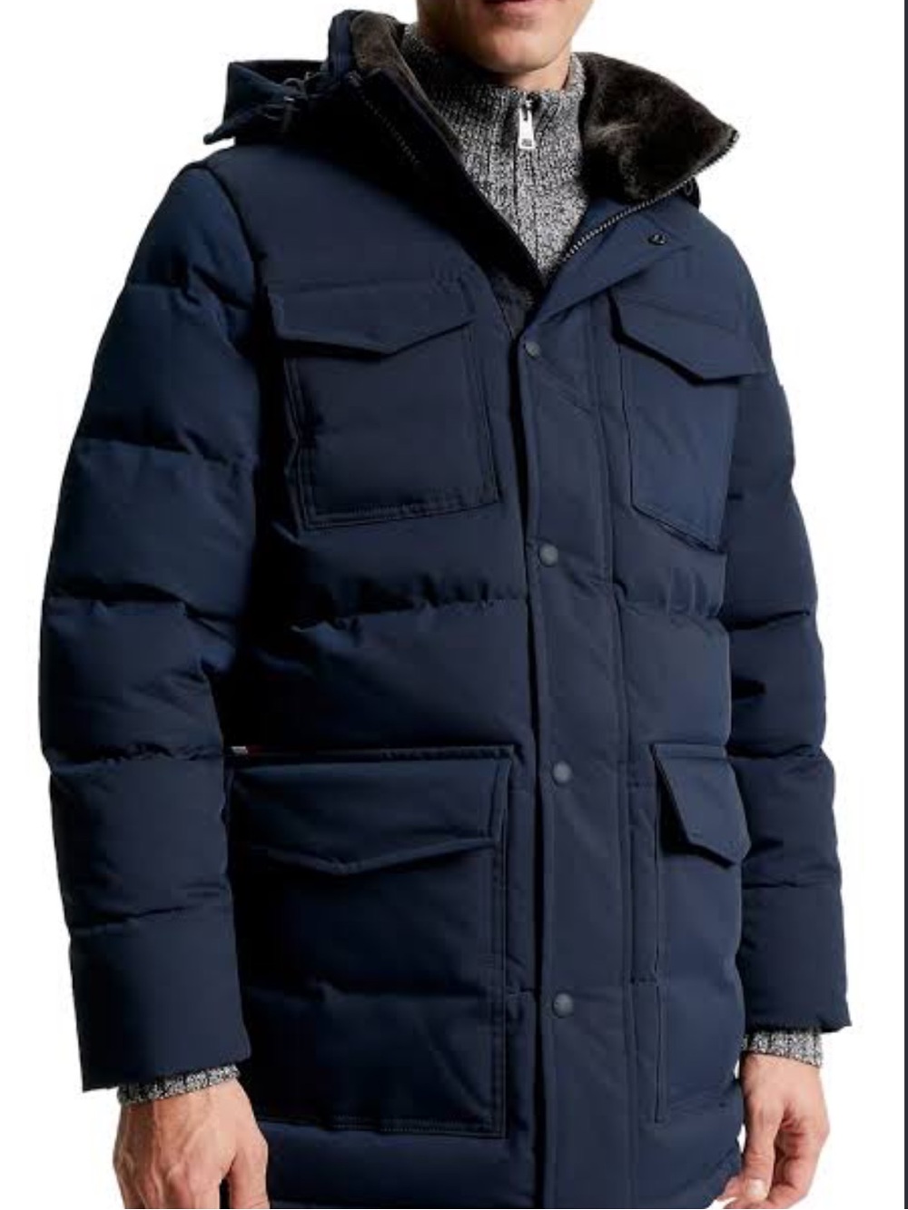 Tommy Hilfiger Men’s Navy Down Puffer Parka with Faux-Fur Collar
